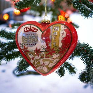 Pier 1 Imports 2008 Li Bien Heart Shaped Glass  "Joy" "Noel" Christmas Ornament